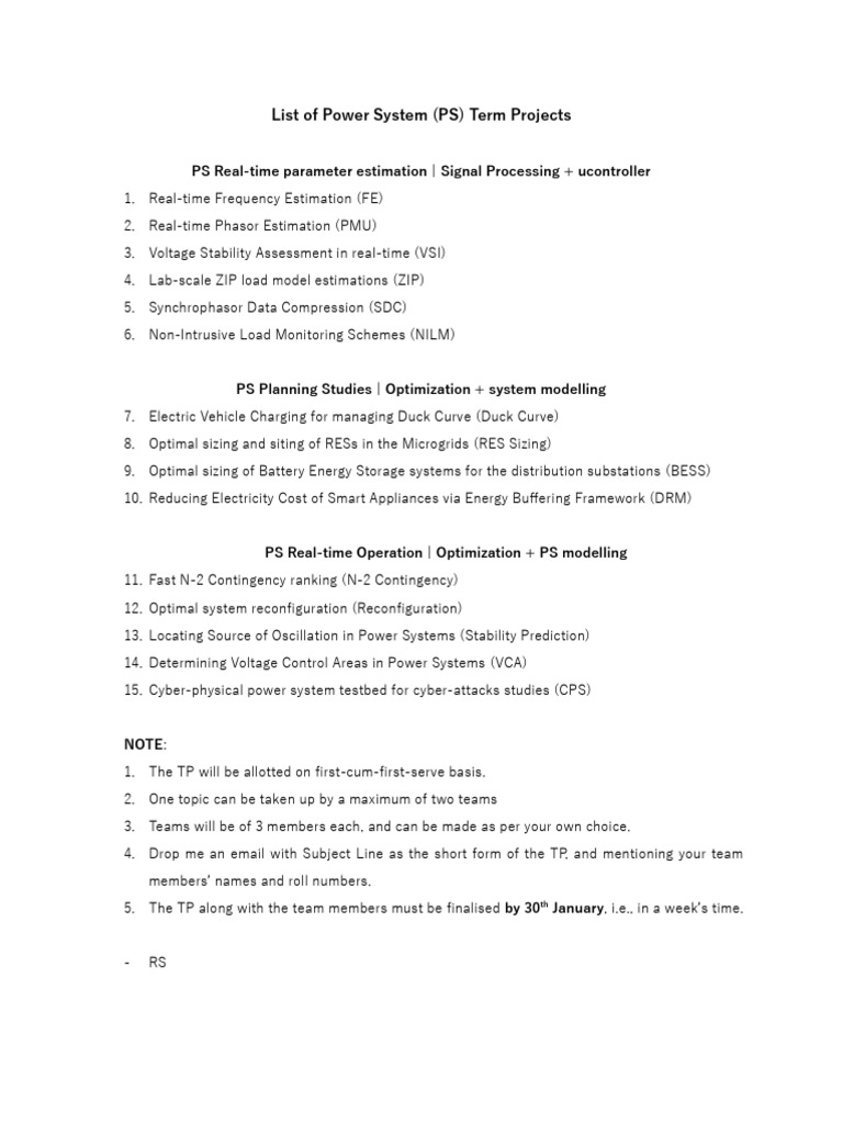 Power System Term Project Topics | PDF
