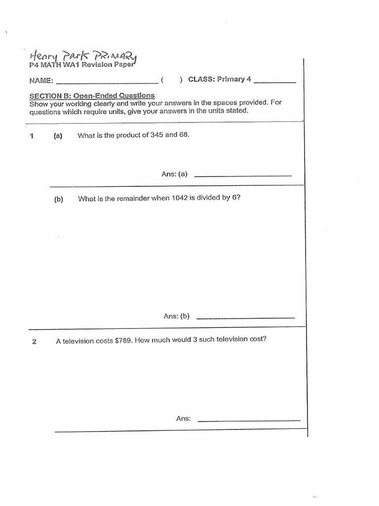 2024 P4 Maths Weighted Assessment 1 Revision Henry Park | PDF