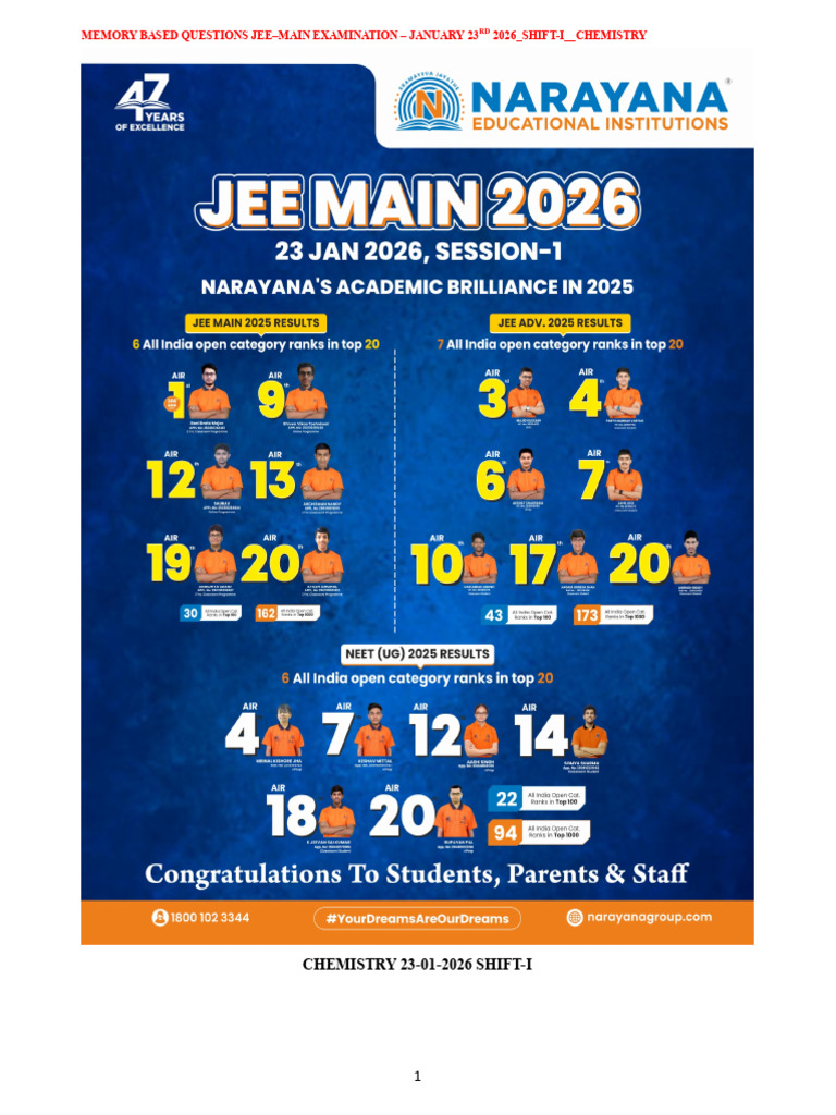 JEE Main 2026 Chemistry Memory Questions | PDF | Physical Sciences ...