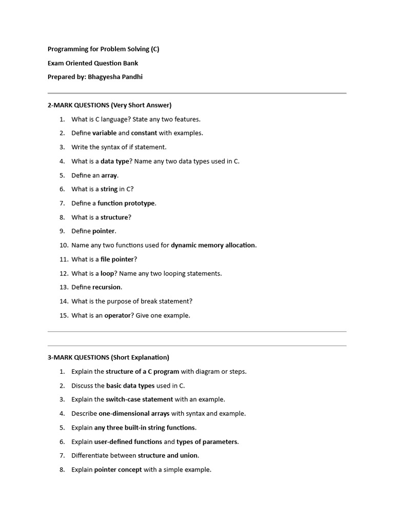 C Programming Exam Question Bank | PDF