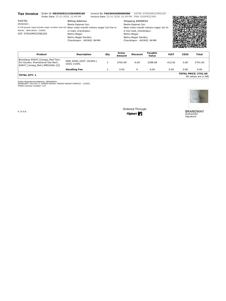 Tax Invoice for Brandway Canopy Purchase | PDF | Governance | Government