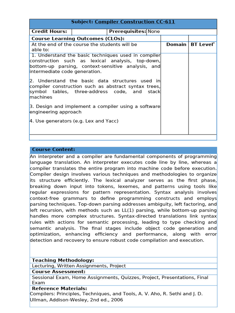 Compiler Construction Course Overview | PDF | Parsing | Data Warehouse