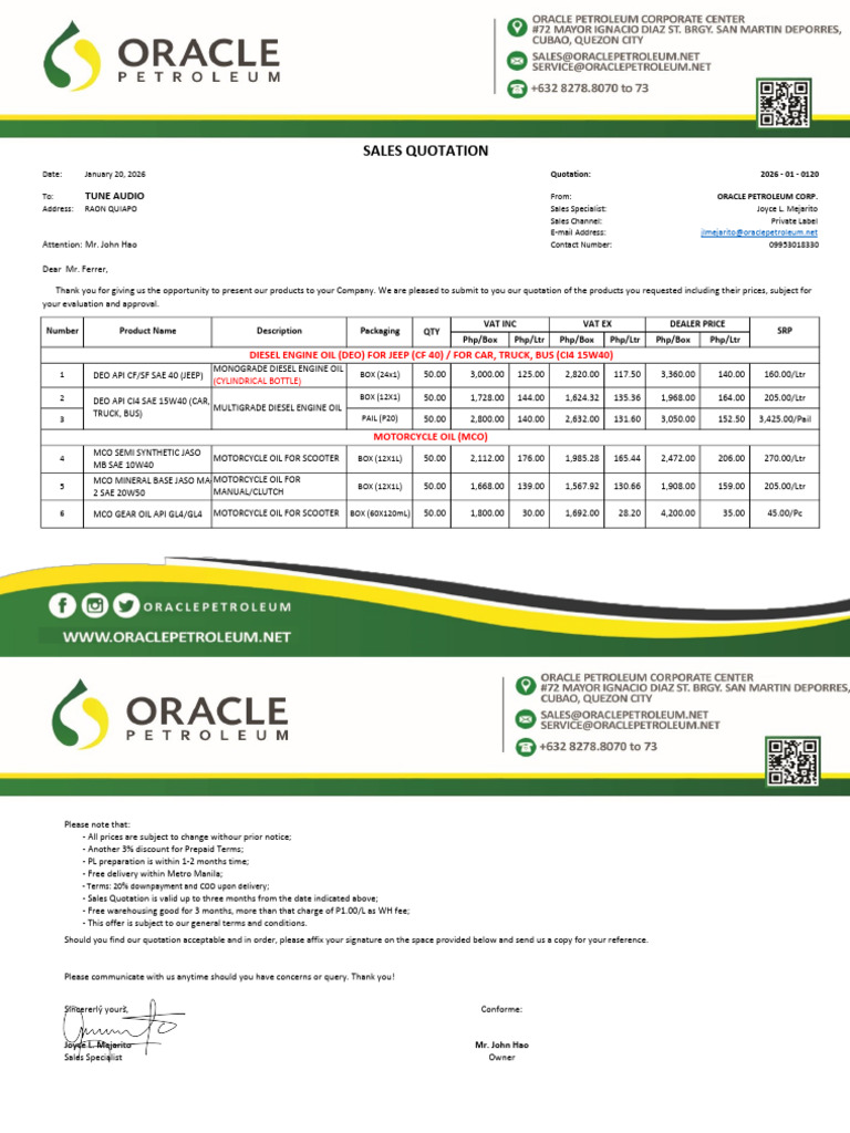 Oracle Petroleum Sales Quotation 2026 | PDF | Motor Oil | Petroleum