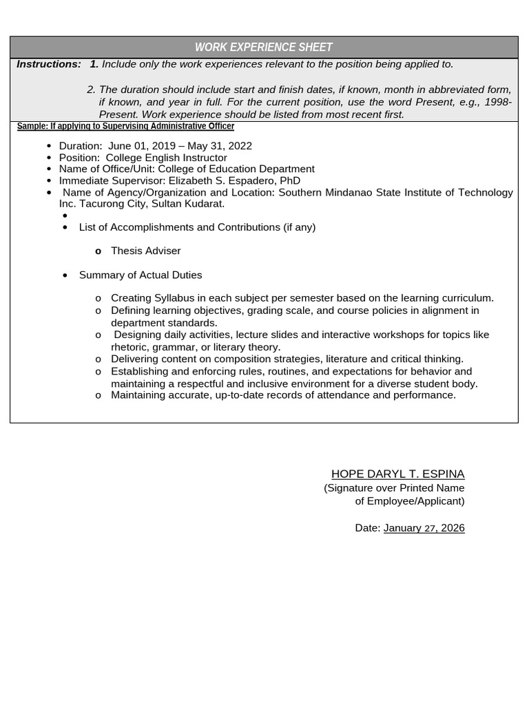 Work Experience Sheet for Educators | PDF