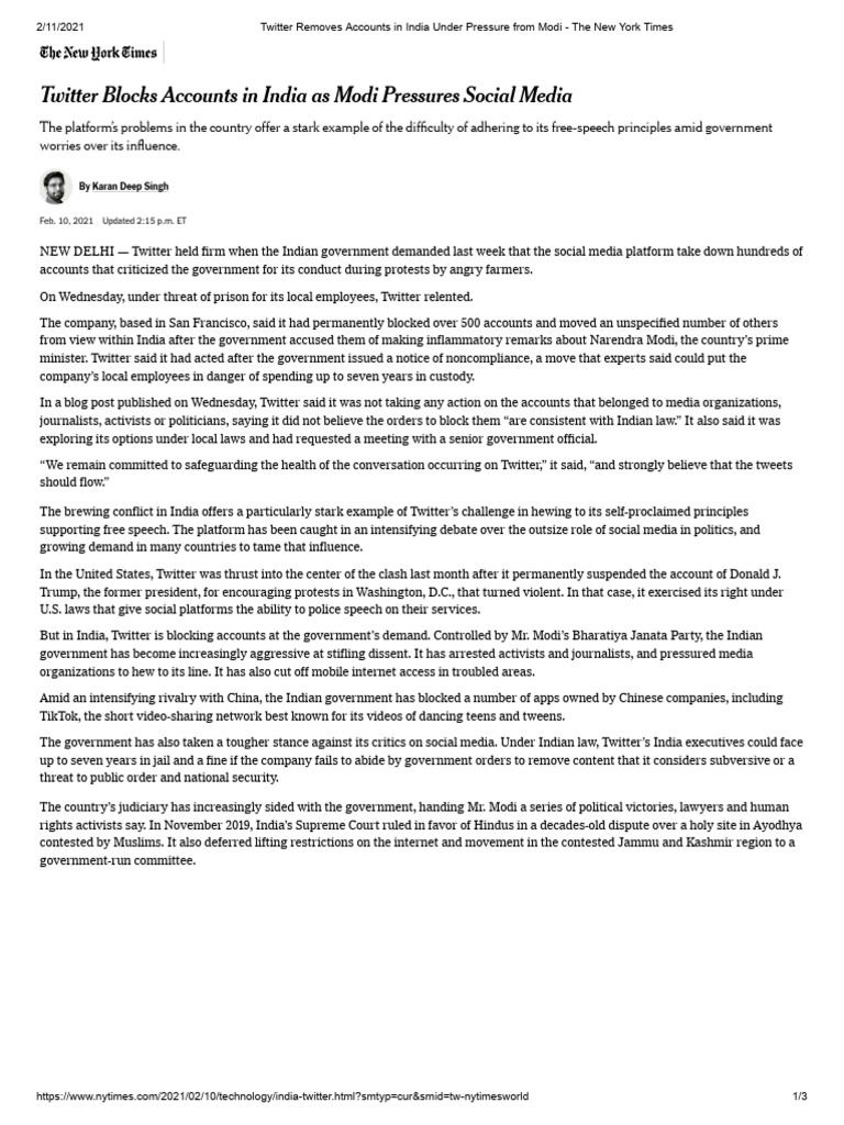 Twitter Removes Accounts in India Under Pressure From Modi - The New ...