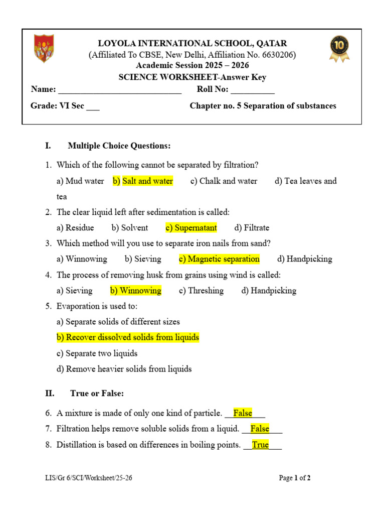 Grade 6 Science Worksheet: Separation Methods | PDF | Filtration | Mixture