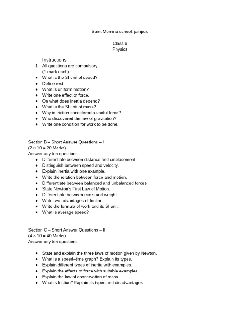 Class 9 Physics Exam Questions | PDF | Force | Newton's Laws Of Motion