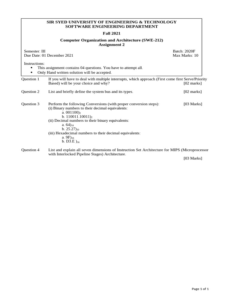 SWE-212 CO&a Assignment 2 | PDF