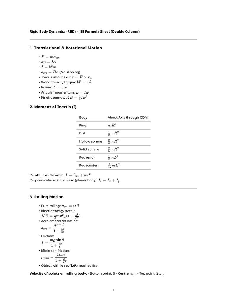 Rigid Body Dynamics Formula Sheet | PDF | Rotation Around A Fixed Axis ...