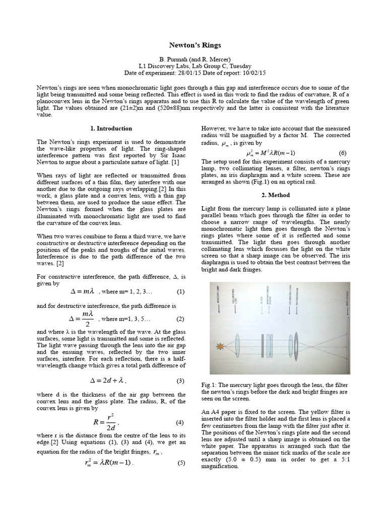 Newton's Rings Experiment Analysis | PDF | Waves | Light