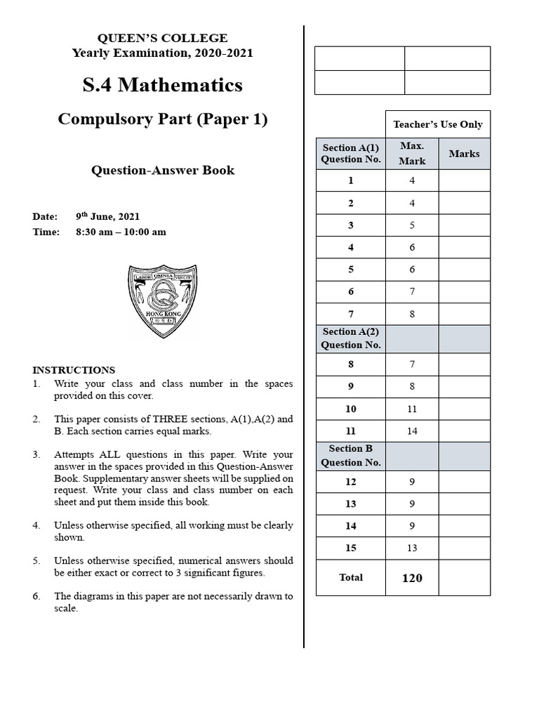 2020-21 YE S4 Mathematics P1 QAB | PDF | Mathematical Relations ...