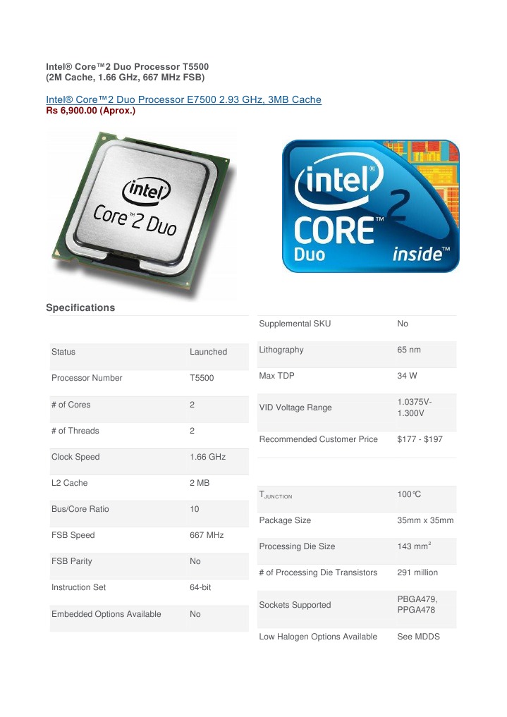 Intel® Core™2 Duo Processor E7500 2.93 GHZ, 3Mb Cache: Rs 6,900.00 ...