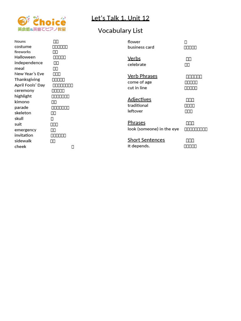 Let's Talk 1, Unit 12 Vocabulary List | PDF