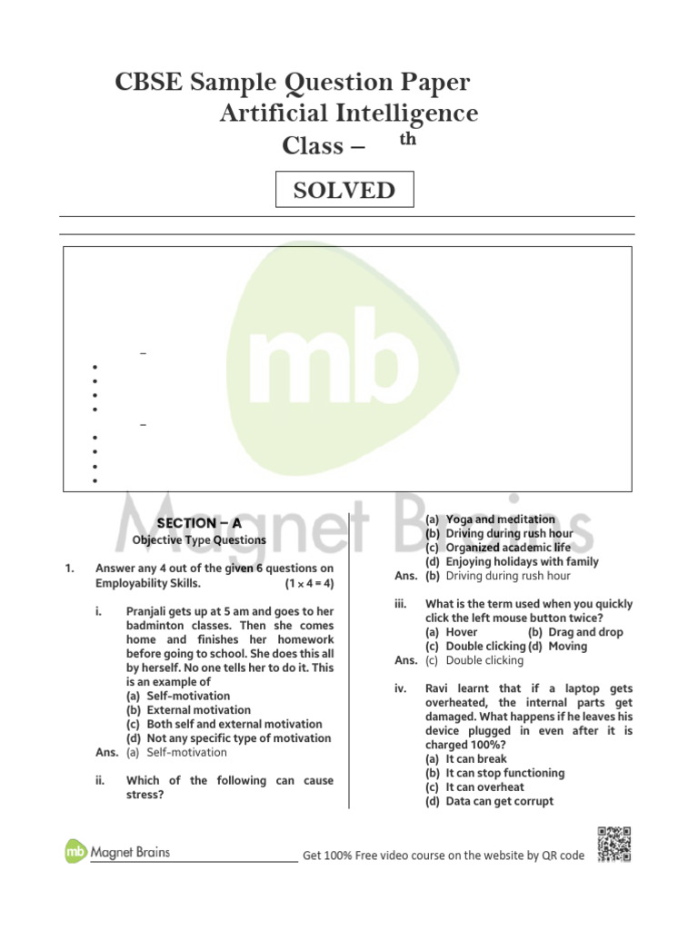 CBSE Class 10 AI Sample Paper 2022-23 | PDF | Artificial Intelligence ...