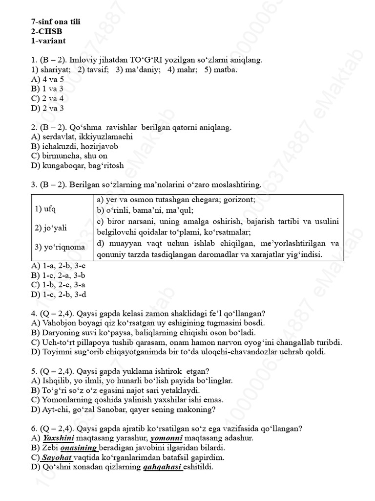 7-Sinf Ona Tili 2-CHSB 1-Variant | PDF
