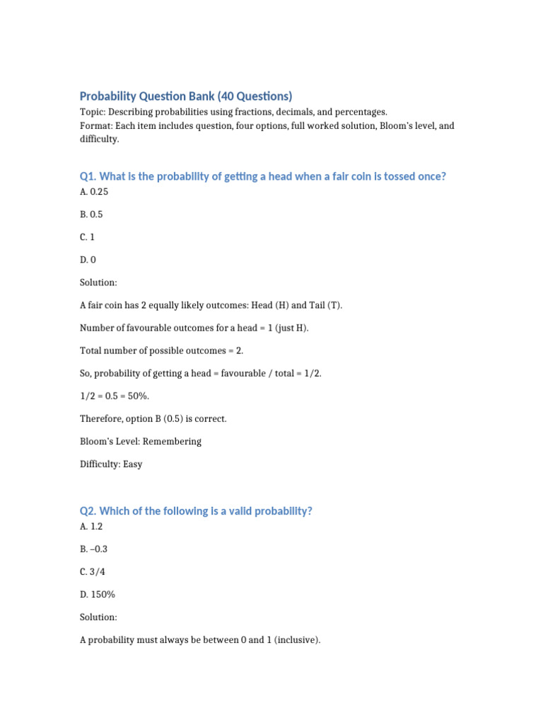 Probability Questions with Solutions | PDF | Odds | Mathematics