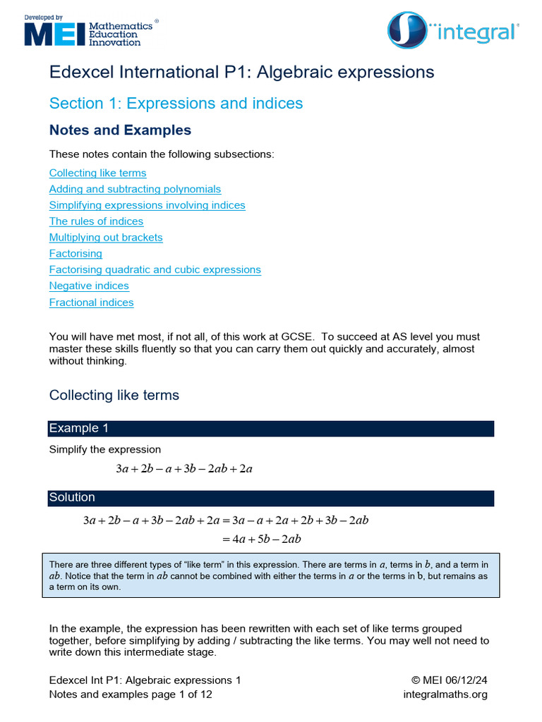 Edexcel Algebraic Expressions Guide | PDF | Factorization | Subtraction