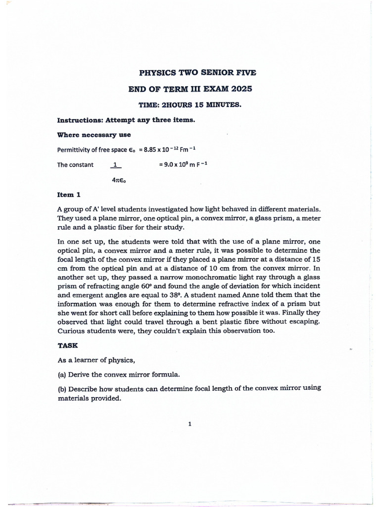 s.5 Physics End of Year 2025 | PDF