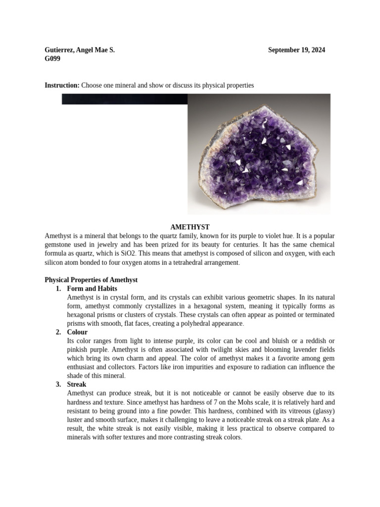 Physical Properties of Amethyst Mineral | PDF | Quartz | Minerals