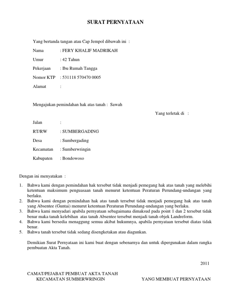 Hak Milik Tanah Surat Penyataan