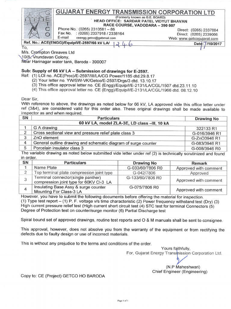GETCO Approval 60kV LA Drawing E2597 (Z7806) E2131 (Z3946) | PDF