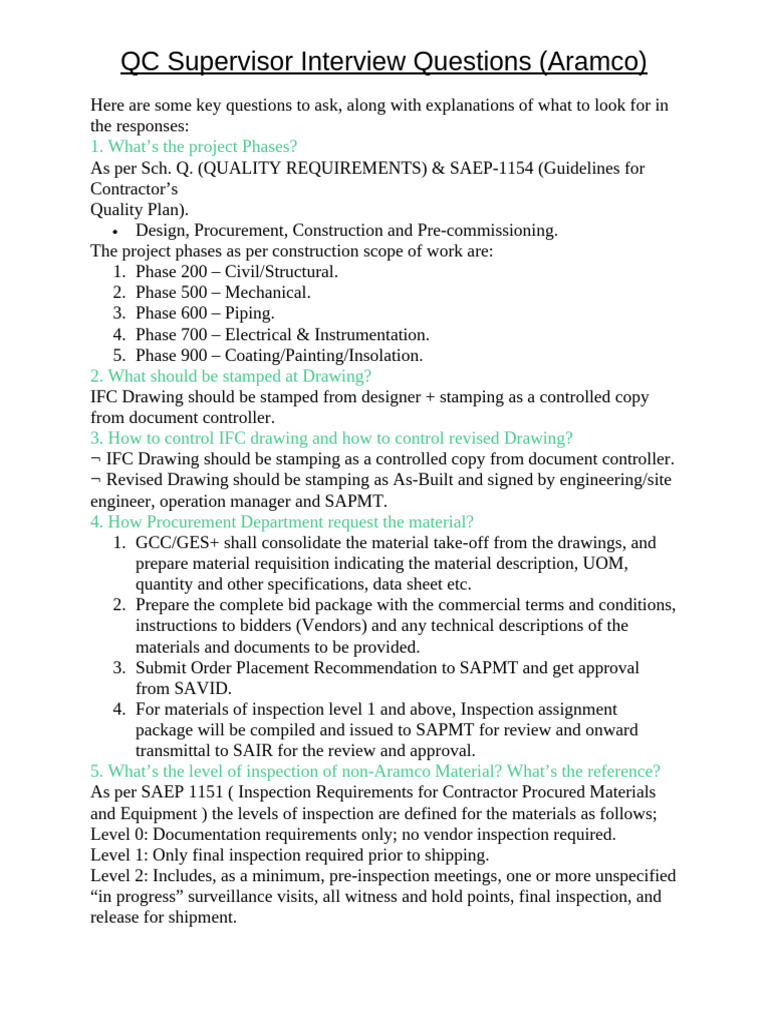 Aramco QC Supervisor Interview Questions | PDF | Specification ...
