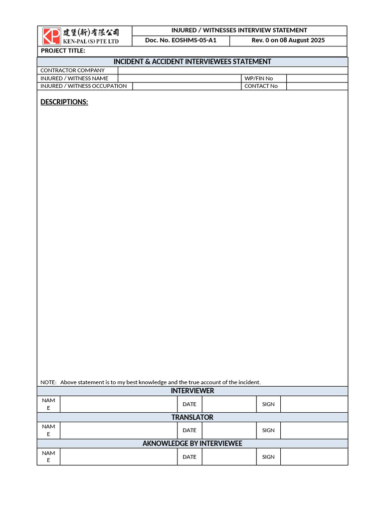 EOSHMS 05 A1_Injured Witnesses Interview Statement Form | PDF