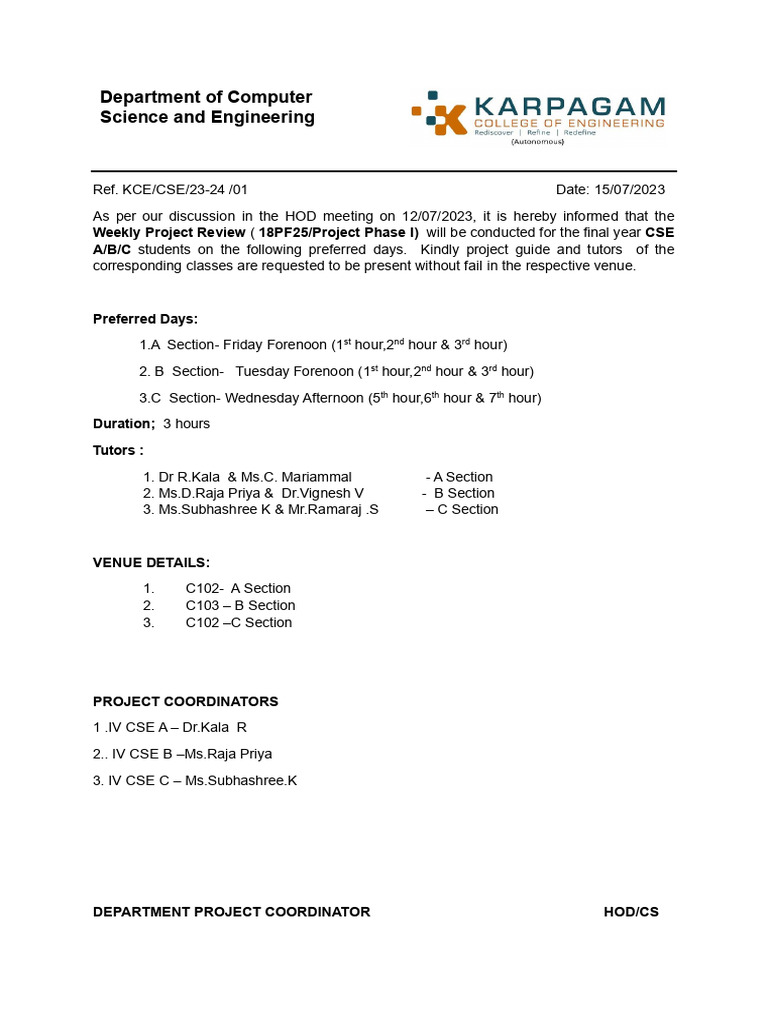 CSE Final Year Project Review Schedule | PDF
