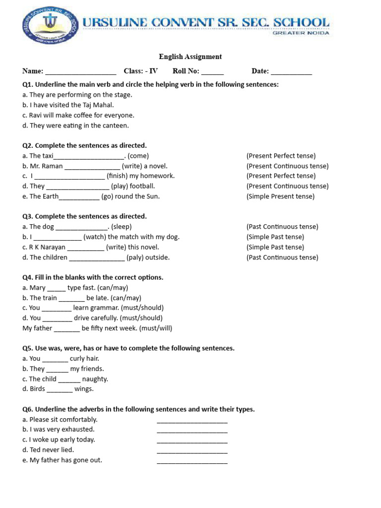 English Grammar Assignment for Class IV | PDF | Grammar | Linguistics