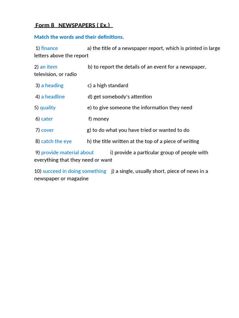 Newspaper Vocabulary Matching Exercise | PDF