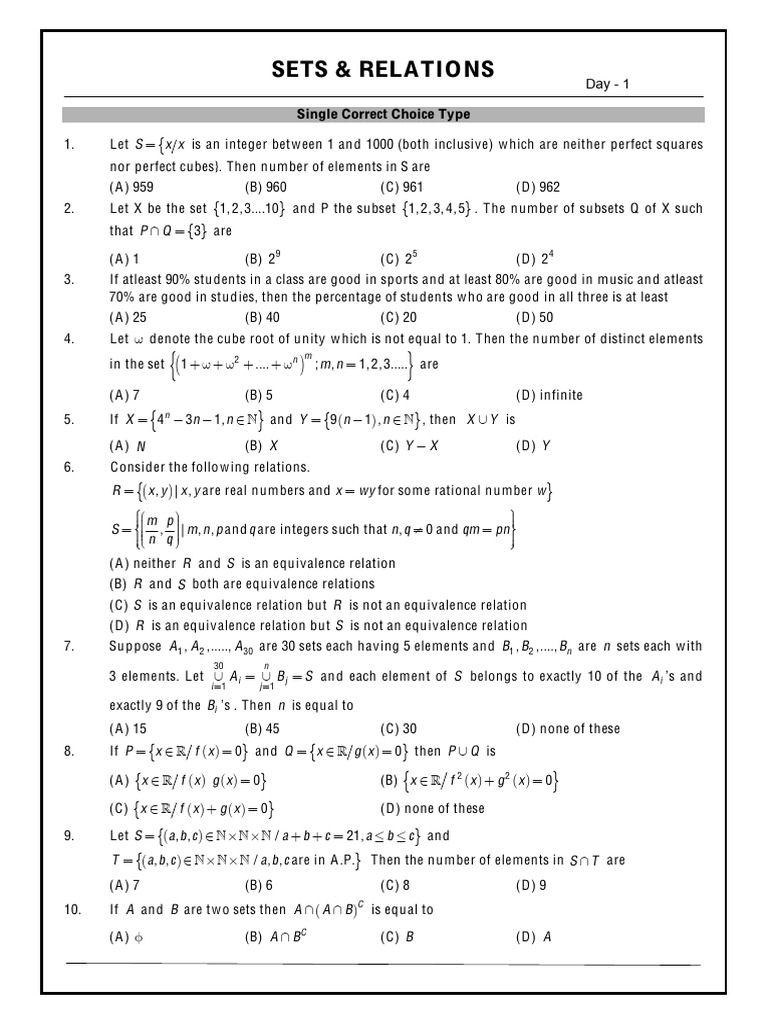 Sets and Relations Practice Questions | PDF | Numbers | Discrete ...