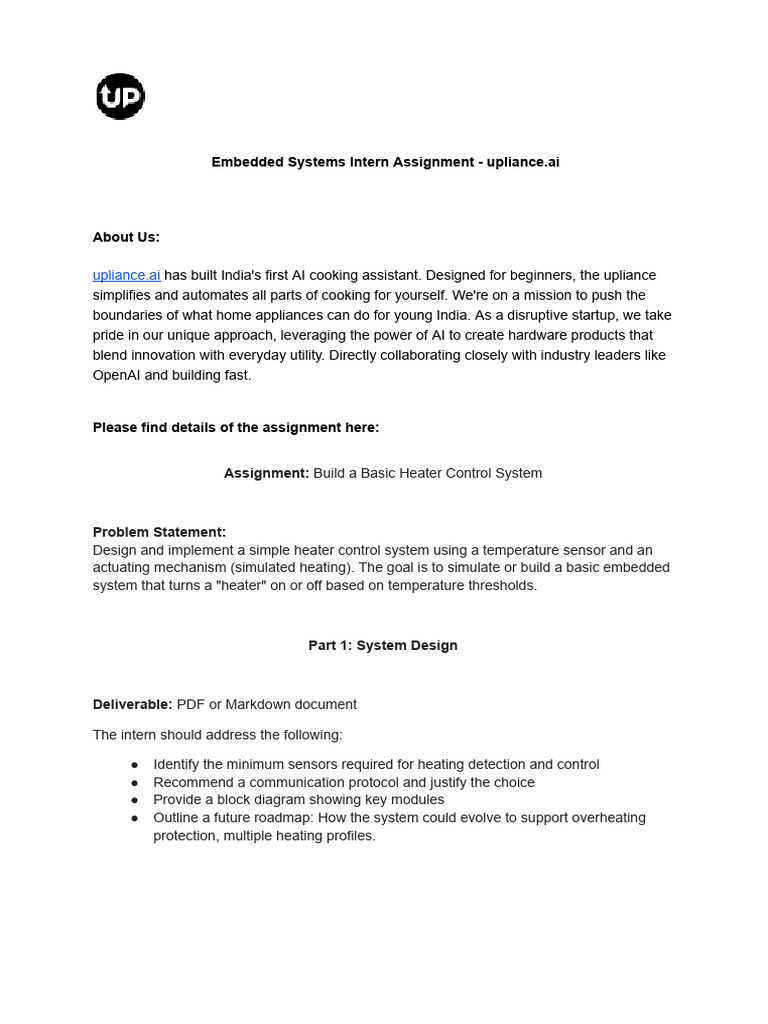 Embedded Systems Intern Assignment - Upliance.ai | PDF