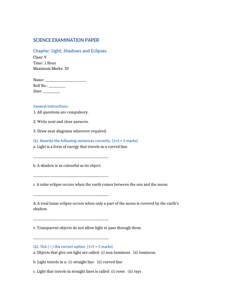 Class 5 Science Exam Paper Light Shadows Eclipses | PDF