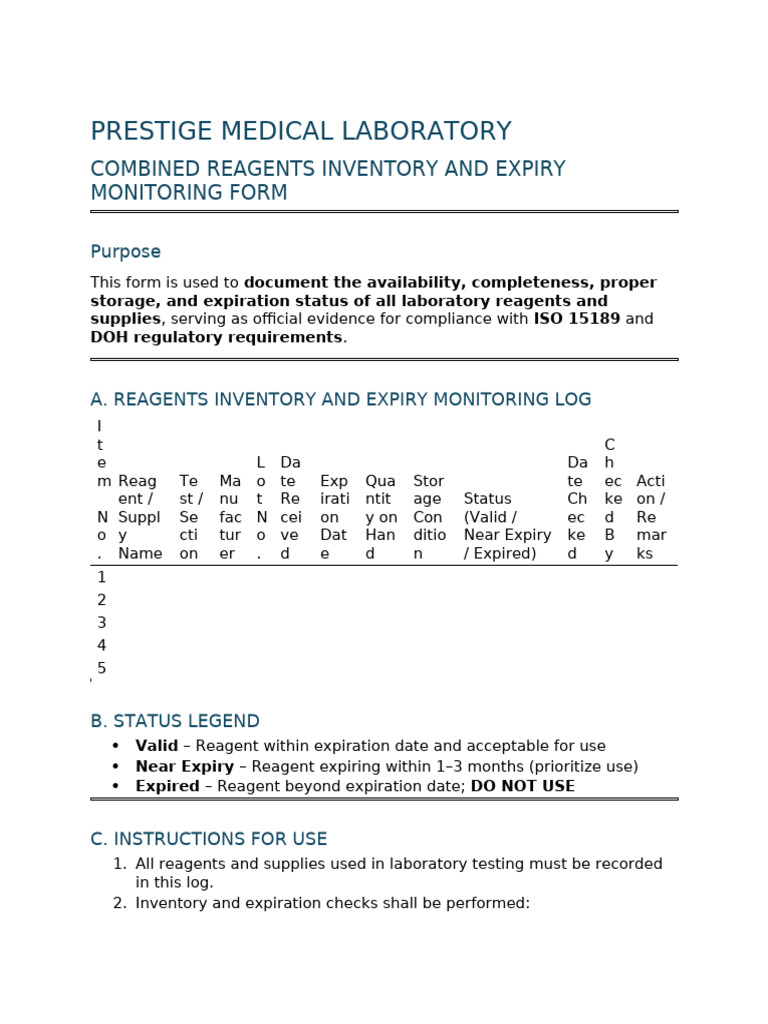 Laboratory Reagents Expiry Log Form | PDF