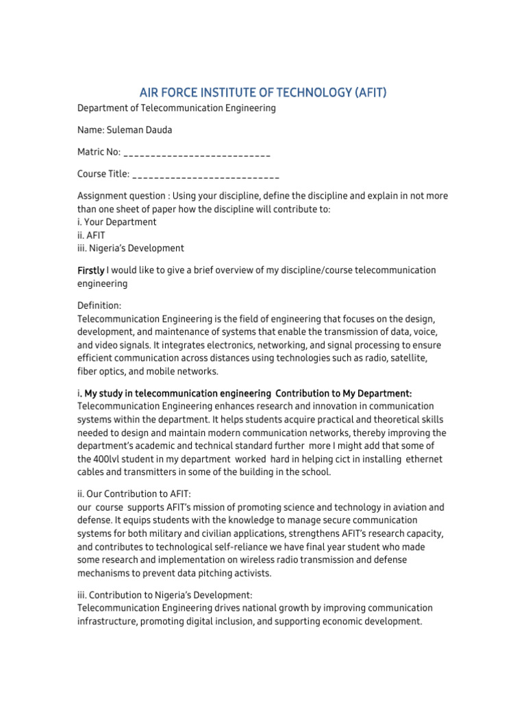 Telecommunication Engineering Assignment Eng Society | PDF