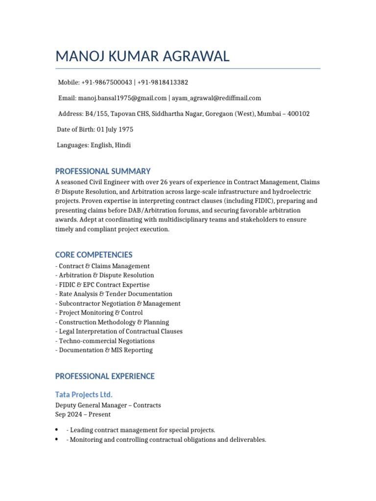 Updated CV Manoj Kumar Agrawal | PDF | Common Law | Business Law