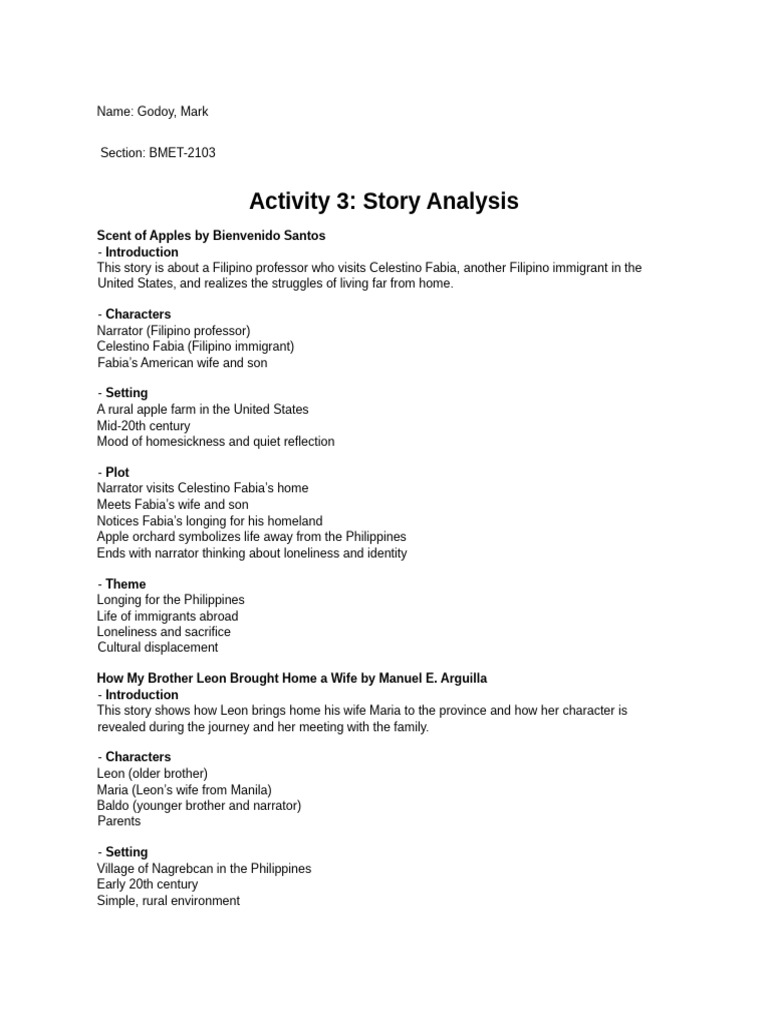 Story Analysis: Filipino Immigrant Themes | PDF