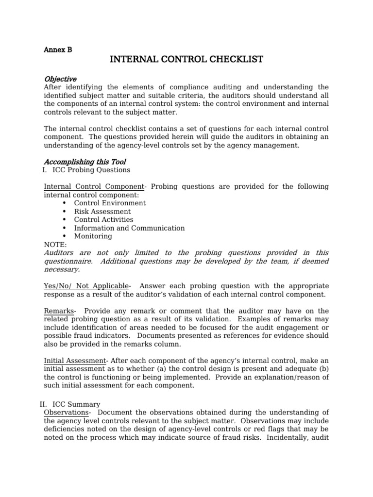 Internal Control Checklist for Auditors | PDF | Internal Control | Audit