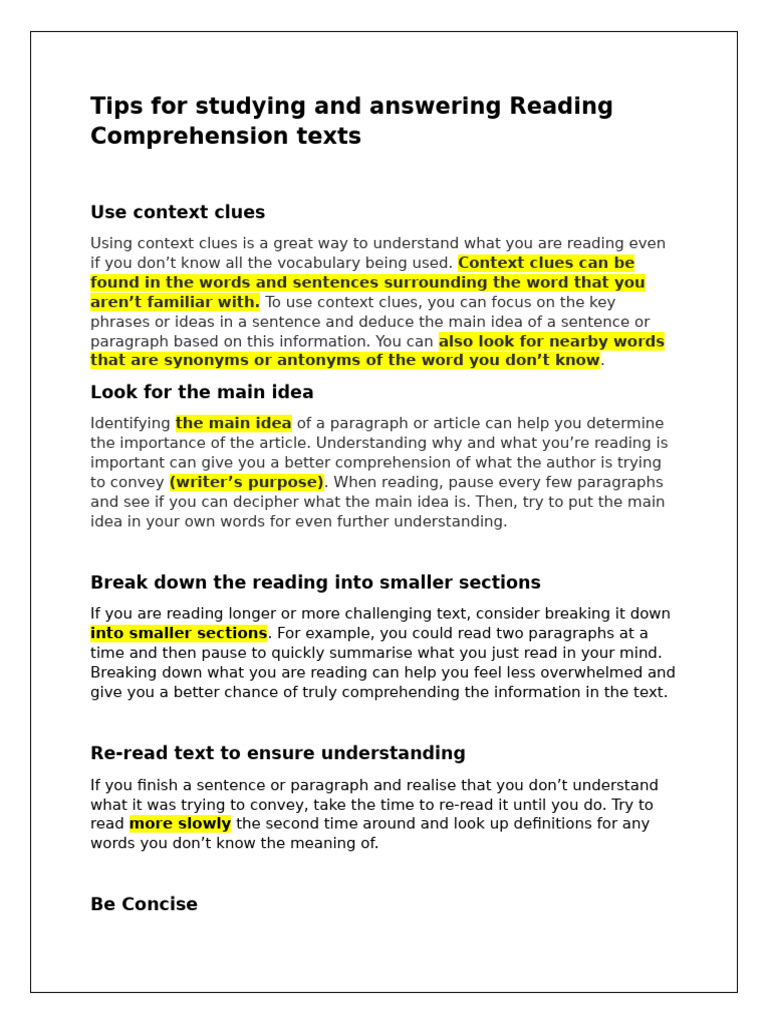 Tips for Studying and Answering Reading Comprehension Texts | PDF