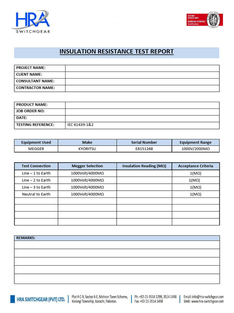 Insulation Resistance Test Report | PDF