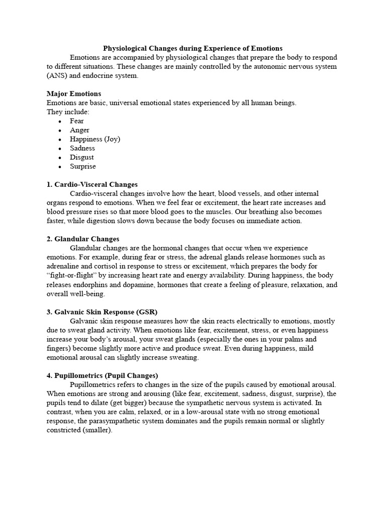 Physiological Changes During Experience of Emotions | PDF