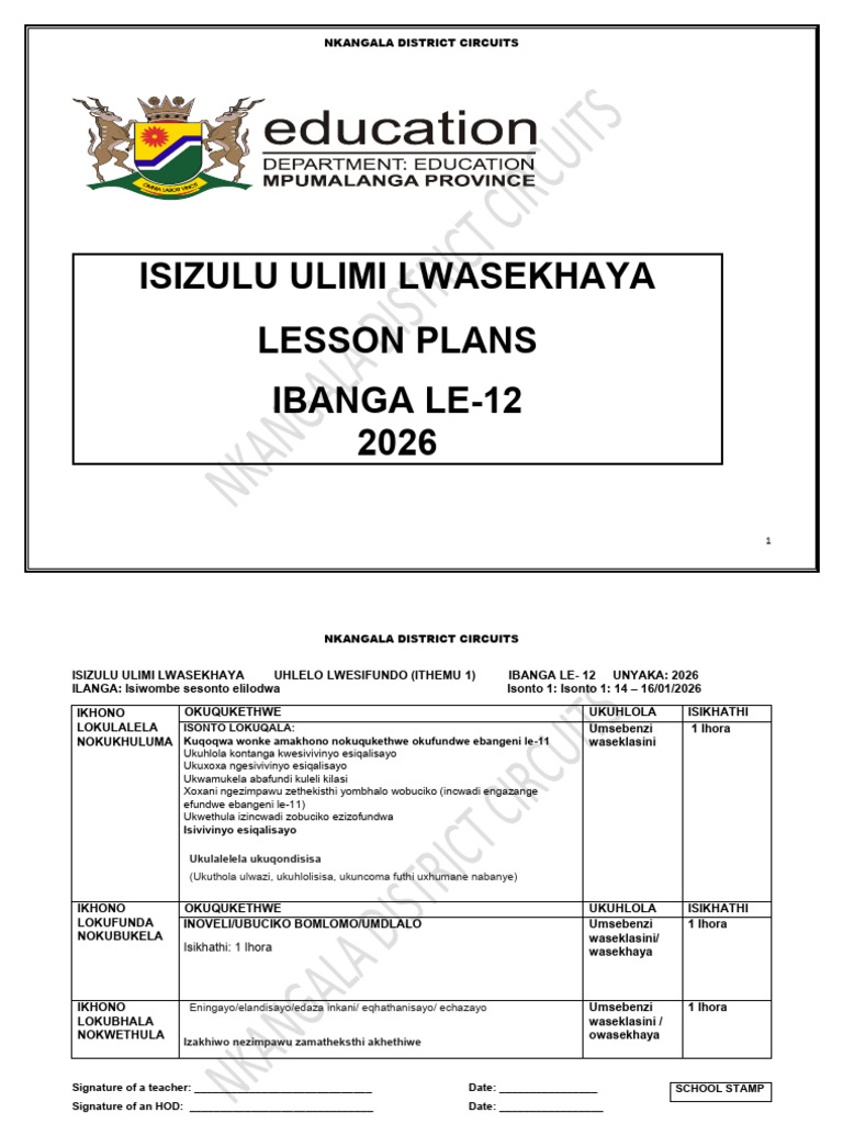 Isizulu Lesson Plans for Grade 12 2026 | PDF | Learning | Teaching