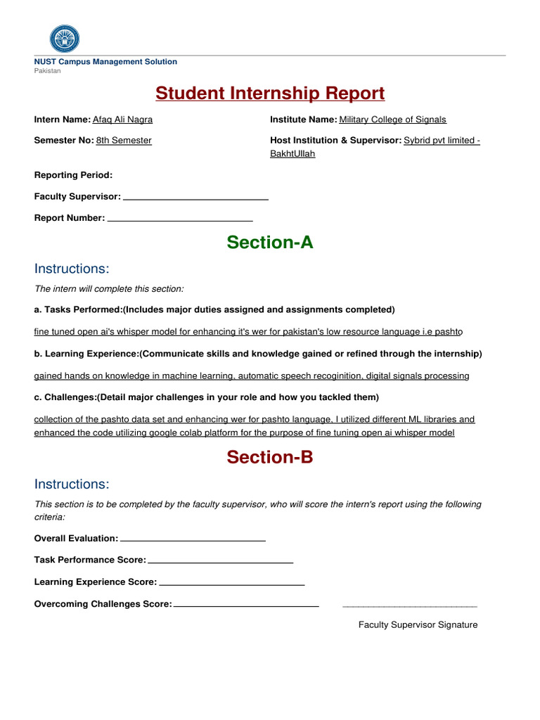 NUST Internship Report on AI Model Tuning | PDF
