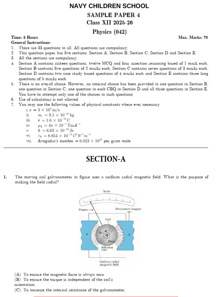 Class XII Physics Sample Paper 2025-26 | PDF | Electric Current | P–N ...