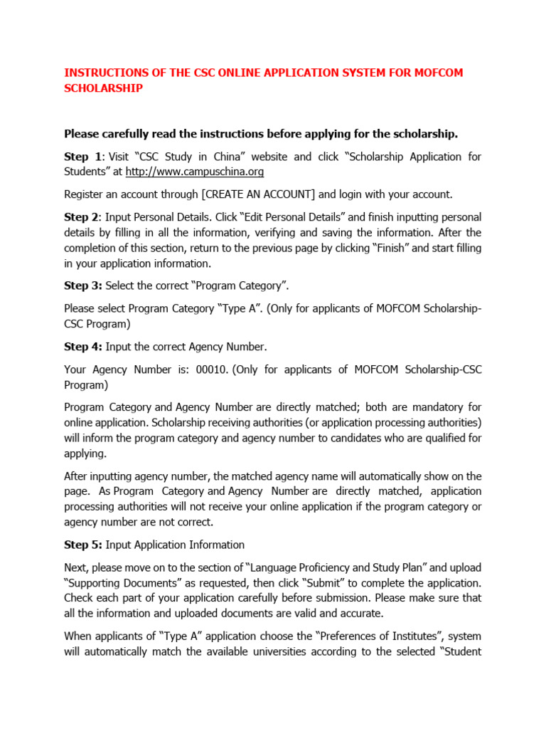 MOFCOM Scholarship Application Guide | PDF