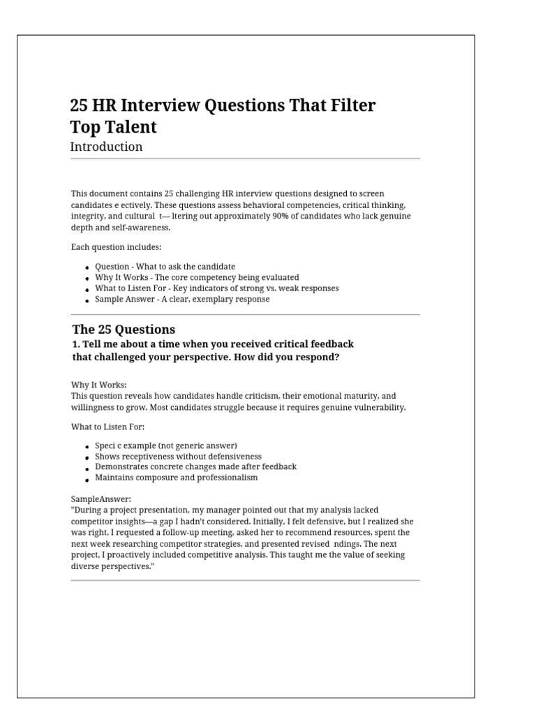 25 HR Interview Questions for Talent筛选 | PDF | Mentorship | Leadership