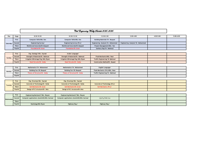 Civil Engineering Weekly Schedule 2025-2026 | PDF | Materials | Engineering