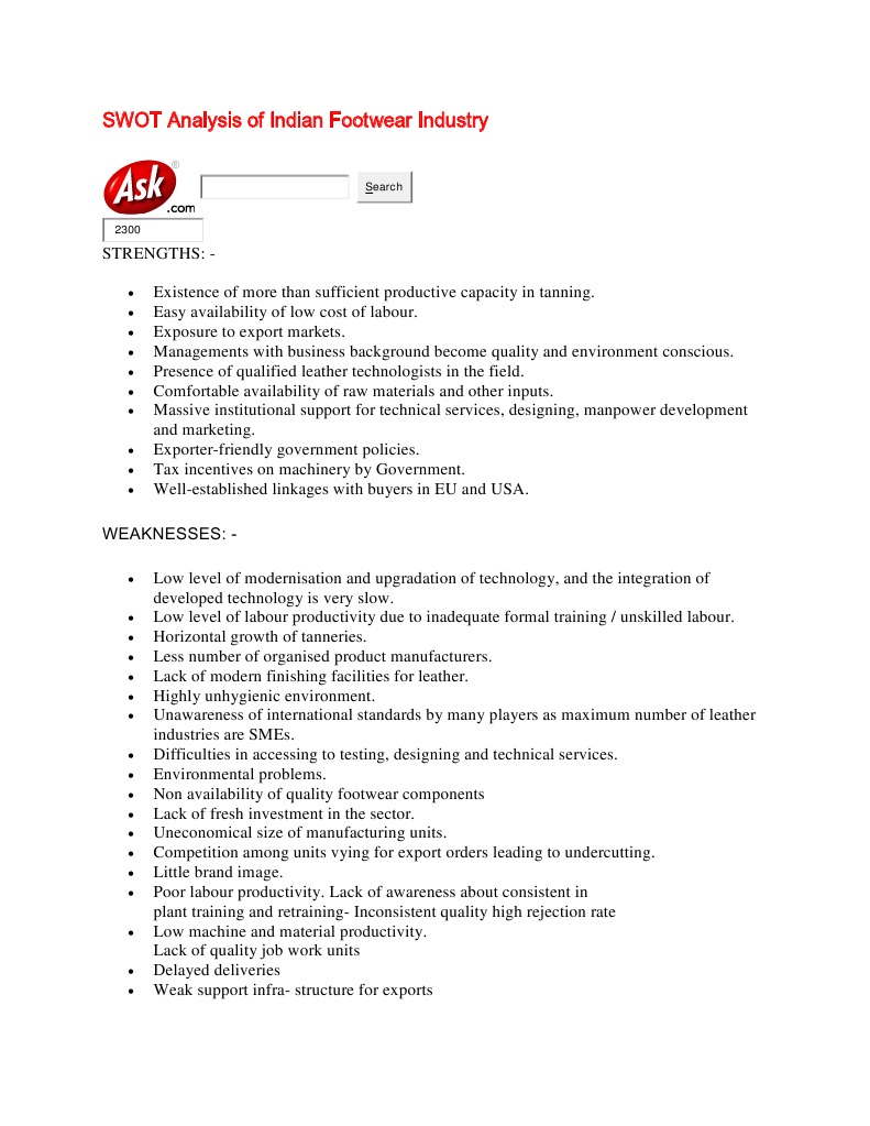 SWOT Analysis of Indian Footwear Industry PDF Leather Exports