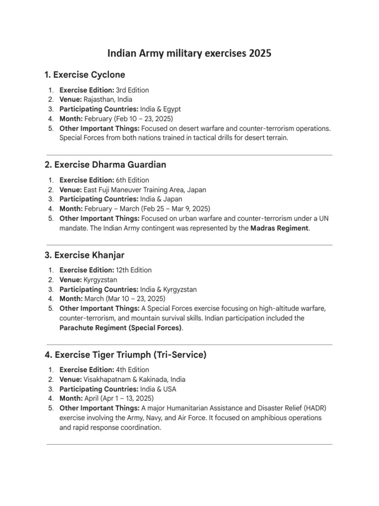 Indian Army Military Exercises 2025 | PDF | Military