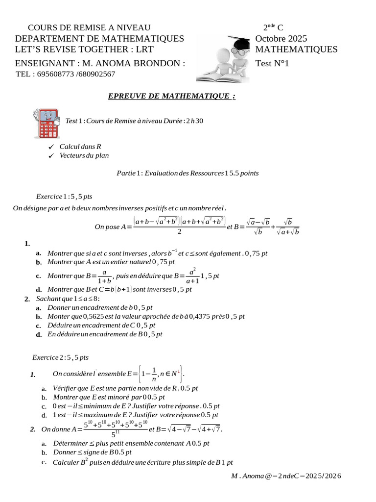 Test de Mathématiques 2nde C - Remise à Niveau | PDF | Mathématiques